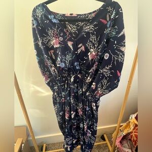 Floral Navy Cinched V neck Midi Cover Up / Dress